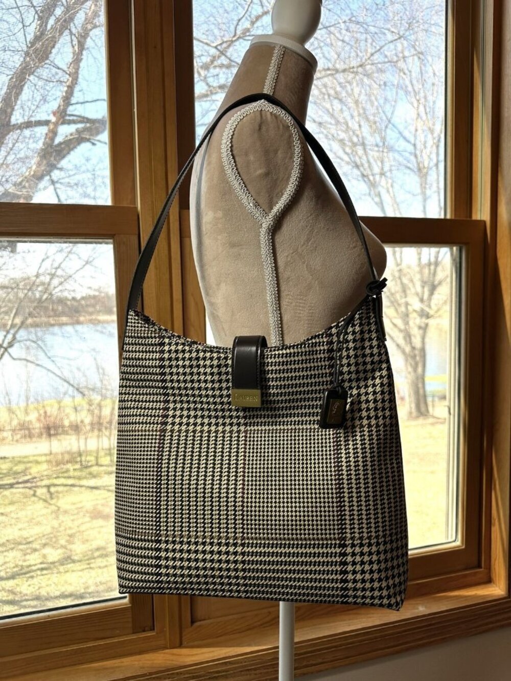 Lauren Ralph Lauren Houndstooth Plaid Shoulder Bag Tan Brown Leather - Picture 2 of 6